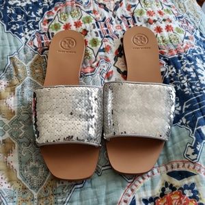 Tory Burch Carter Sequin Leather Slide Sandals